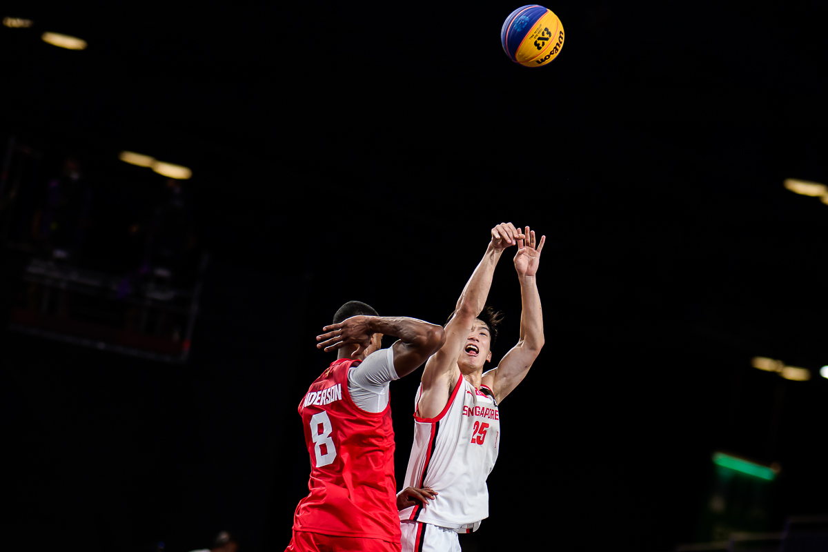 Singapore 3x3 basketball player taking a three-point shot at the Glasgow 2026 Commonwealth Games